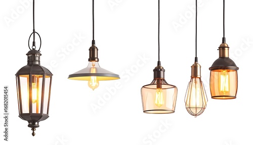 A collection of five stylish pendant lights, featuring various shapes, sizes, and glass shades, with warm incandescent light bulbs illuminating their interiors.