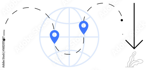Globe with two blue map pins connected by dashed pathways, large arrow indicating direction. Ideal for travel, logistics, exploration, global connectivity, direction, location tracking, simple flat