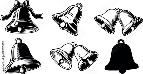 Vintage style black and white bell illustrations with ribbons and twin designs vector set 