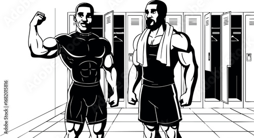 Muscular men flexing in gym locker room black and white vector illustration 