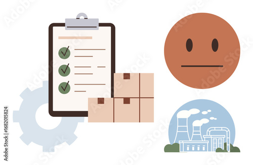 Checklist clipboard with check marks, stacked boxes symbolizing goods, neutral face for user feedback, and factory emitting smoke suggesting environmental impact. Ideal for supply chain management