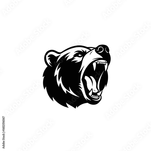 Roaring Bear Head - Powerful Black and White Wildlife Illustration.