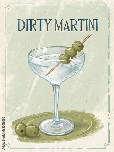 Illustration of a dirty martini with olives on a pick in a glass on a green plate on a beige background