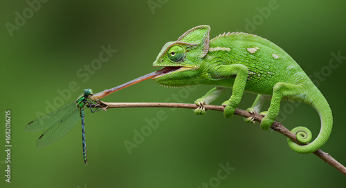 chameleon, A green chameleon catches a dragonfly with its long tongue on a branch, showcasing a stunning wildlife moment.
