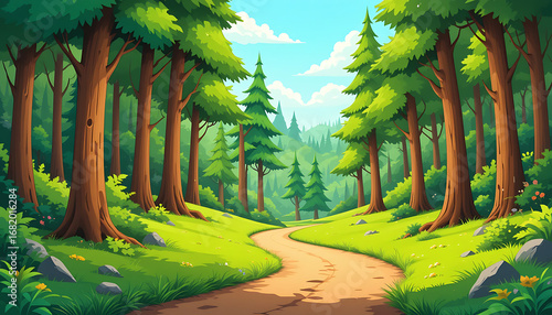 Vibrant cartoon forest landscape with a winding path on a sunny day