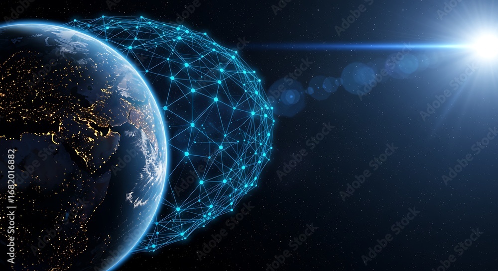Obraz premium Global network communication system with earth and bright sunlight spreading across space background