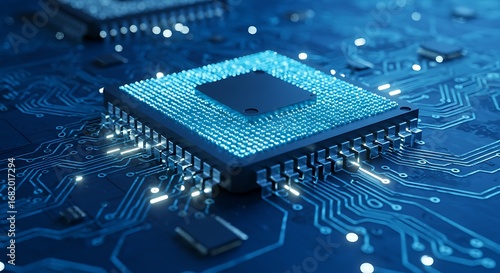 Obraz na płótnie Modern Computer Microchip Technology Blue Circuit Board and Integrated Electronic Components with Glowing Lights