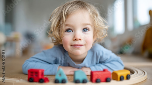 Child engaging in creative play with colorful toy train set indoors