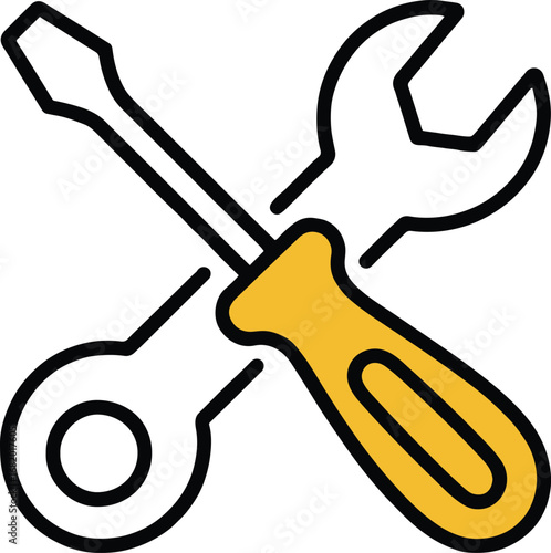 Wrench and screwdriver crossed isolated on white background, representing repair, maintenance, or construction, with a yellow handle and black outline, in a simple, modern vector style