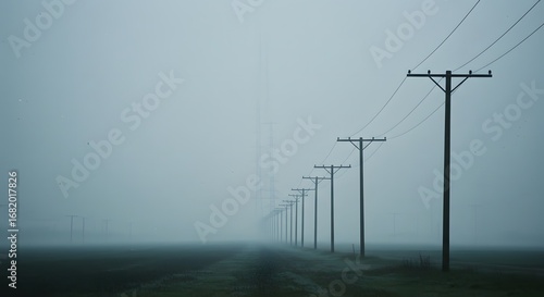 A Row of Power Poles Disappearing into the Foggy Horizon