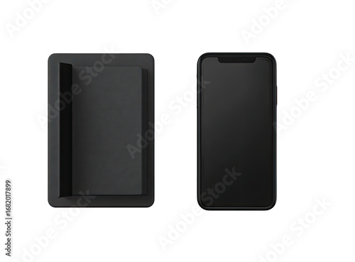 Two black, flat, rectangular objects; one a phone holder, the other a smartphone