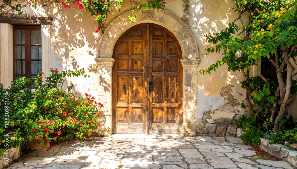 Fototapeta premium Old stone building with wooden archway door