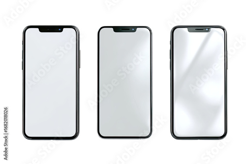Three blank smartphone displays.  Each phone is depicted with a dark gray bezel and a blank white screen.  Slight variations in screen reflections are visible