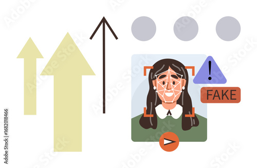 Facial recognition scanning a womans face, highlighting deepfake detection. Includes warning signs, arrows, and analytics prompts. Ideal for AI ethics, cybersecurity, authentication, technology