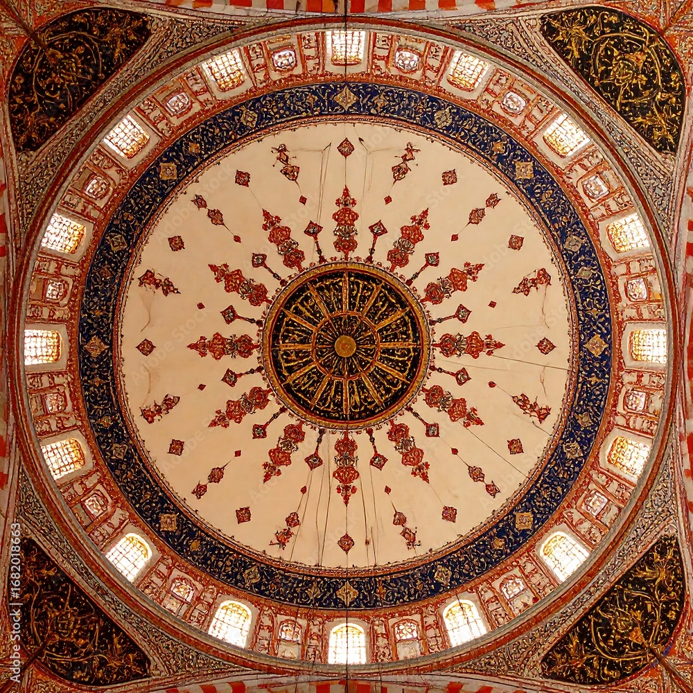 Fototapeta premium Ornate dome ceiling showcasing intricate patterns and vibrant colors.