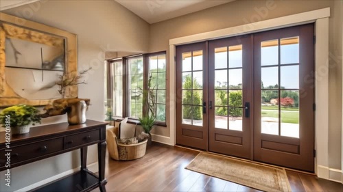 Elegant interior entryway with wooden stairs