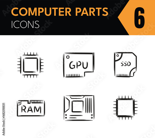 Vector art of hand drawn sketch of computer hardware components, including cpu, gpu, ssd, ram, and motherboard, representing technology and digital systems