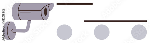 Security camera facing right with lines and dots symbolizing data transmission. Ideal for security, surveillance, monitoring, technology, privacy, safety, and data protection. A simple flat metaphor