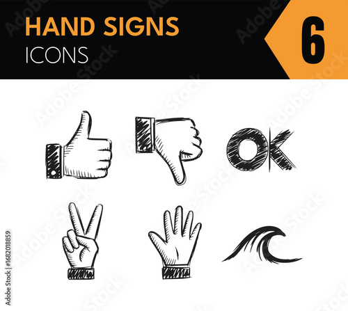 Vector art of hand drawn sketch of various hand gestures and symbols, including thumbs up, thumbs down, ok sign, peace sign, open hand, and wave