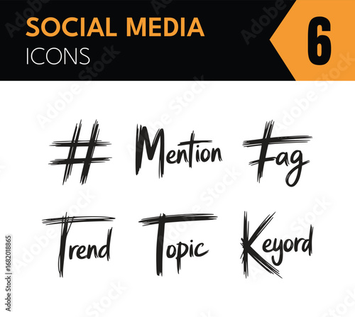 Vector art of hand drawn sketch of social media related terms, including hashtag, mention, tag, trend, topic, and keyword, representing online communication and digital marketing