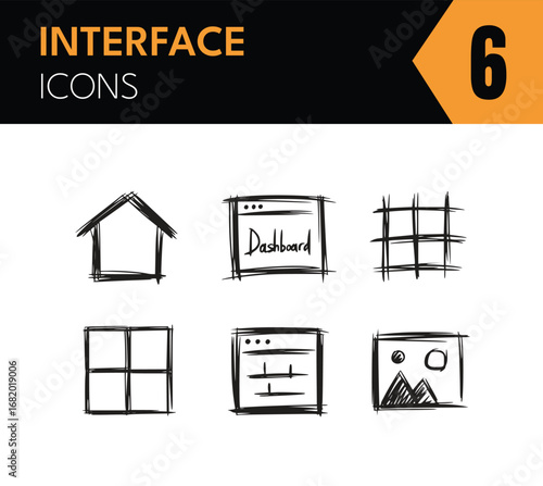 Vector art of set of hand drawn user interface icons featuring a home, dashboard, grid, module, and image, perfect for web and app design projects with a clean and modern aesthetic