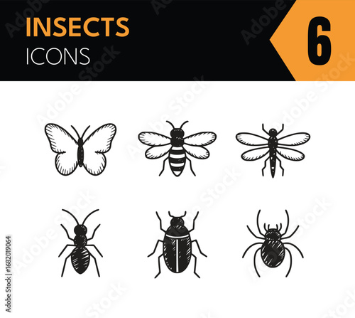 Vector art of hand drawn sketch of various insects, including a butterfly, bee, dragonfly, ant, beetle, and spider in a vintage doodle style for decorative design elements