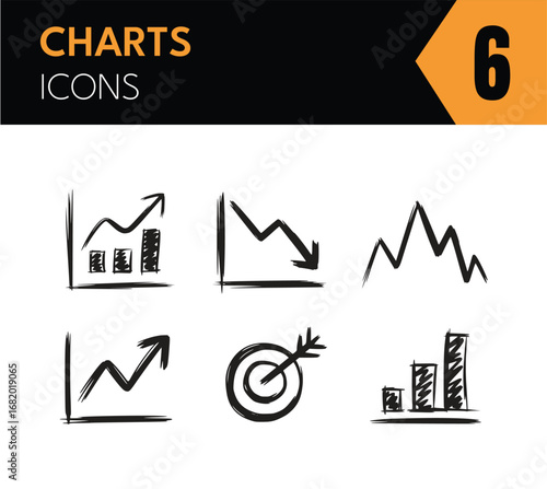 Vector art of hand drawn sketch of business graphs and charts, showing growth, decline, and targets in a vintage doodle style for decorative design elements