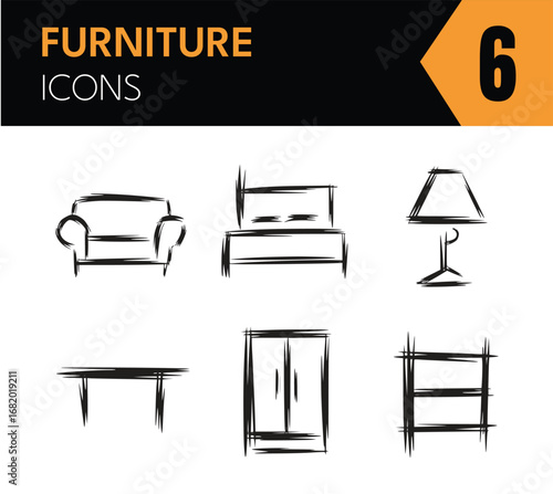 Vector art of hand drawn furniture icons showcasing a sofa, bed, lamp, table, wardrobe, and shelf in a simple black and white sketch style for interior design and home decor