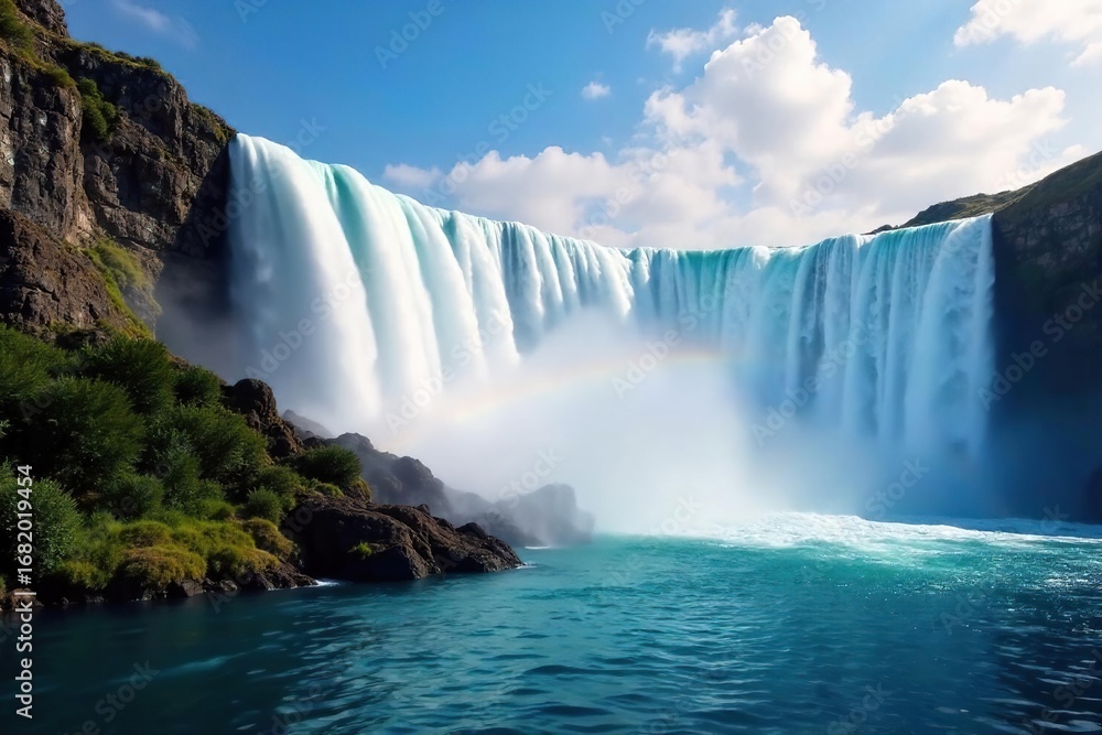 Fototapeta premium Majestic waterfall cascading down rocky cliffs, creating a misty spray and vibrant rainbow The powerful water creates a breathtaking spectacle of nature's beauty , green, untouched