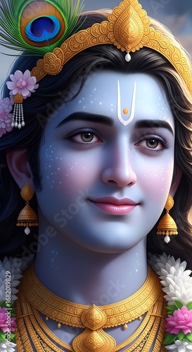 A divine and serene portrait of an enchanting deity, adorned with traditional golden jewelry and a peacock feather, radiating spiritual grace and beauty