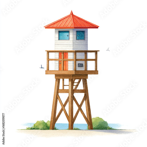 Elevated Beach Lookout Tower with Red Roof and Orange Door