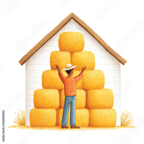 Farmer with arms raised stands before a hay bale pyramid and barn