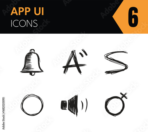 Vector art of collection of handdrawn icons featuring a bell, letter a, sound symbol, circle, female symbol, and other common symbols for various design and communication purposes