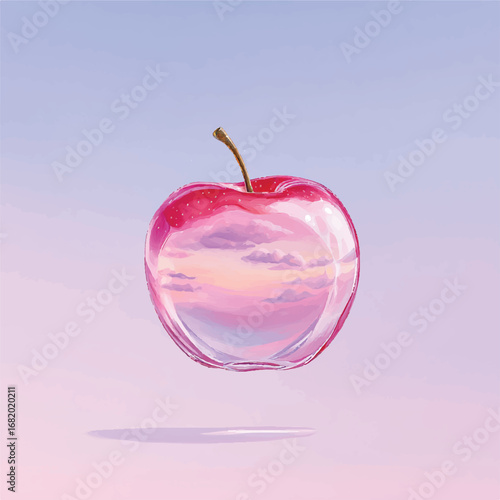 Floating Red Apple with Dreamy Sky Reflection and Subtle Shadow