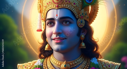 Captivating portrait of a serene spiritual figure with luminous blue skin, adorned with a majestic golden crown and intricate jewelry, embodying ancient tradition and grace