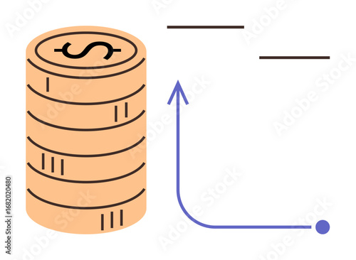 Stacked coins and upward arrow indicating monetary progress and market growth. Ideal for finance, investment, savings, strategy, economy, business, analysis. Simple flat metaphor