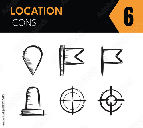 Illustration of location and target icons including pin, flag, marker, and target symbol in a simple sketch style, perfect for mapping and navigation designs