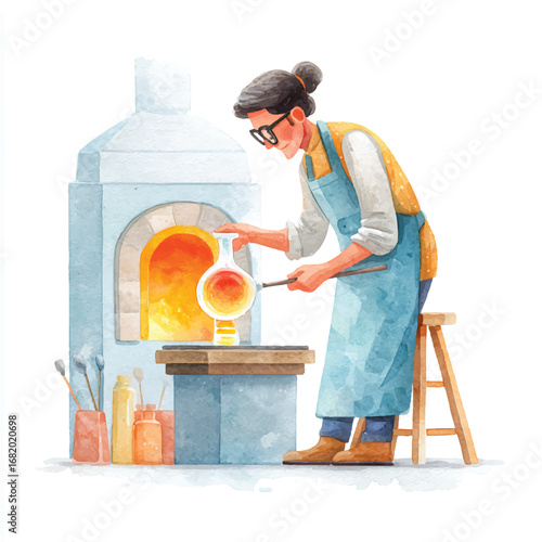 Glassblower Carefully Shaping Molten Glass with Furnace and Tools Watercolor Style