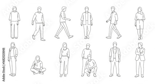 Line Art Illustrations of Various People in Different Poses and Actions on an isolated transparent background, for graphic design