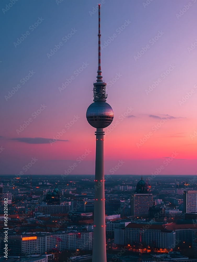 Obraz premium Berlin Cityscape at Sunset: Iconic Tower and Vibrant Colors in Germany's Skyline