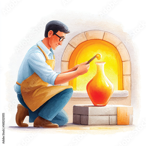 Glassblower shaping molten glass vase with long tool near glowing furnace