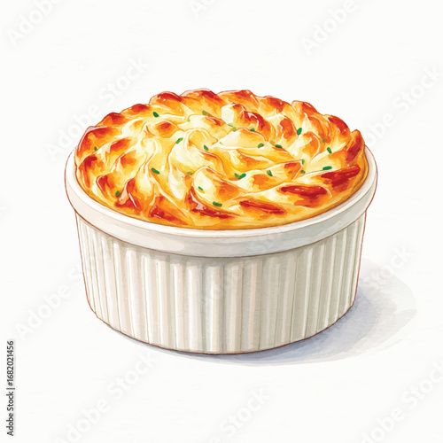 Golden Shepherds Pie in Fluted Ceramic Dish with Sprinkled Green Garnish