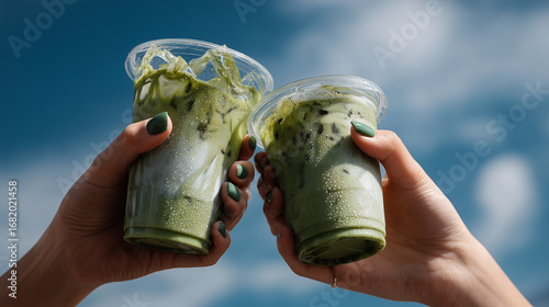 female hands making a toast with iced matcha drinks