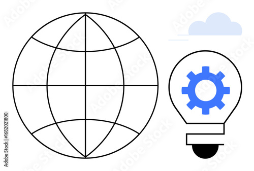 Globe with grid lines next to light bulb featuring gear inside, symbolizing global innovation, technology, and problem-solving. Ideal for business, future, idea, connection, science education