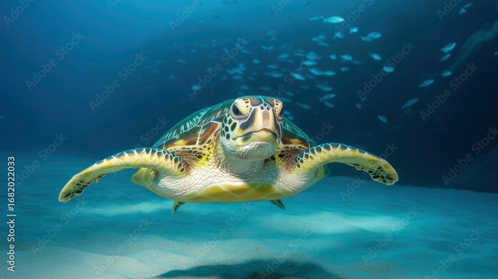 Obraz premium Majestic Green Sea Turtle Swimming in Ocean, Underwater Wildlife