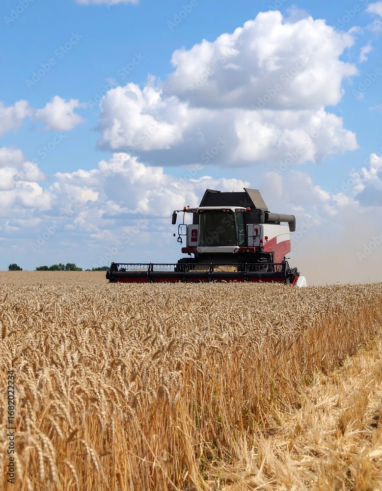 Obraz premium Harvester in a golden wheat field under a partly cloudy sky