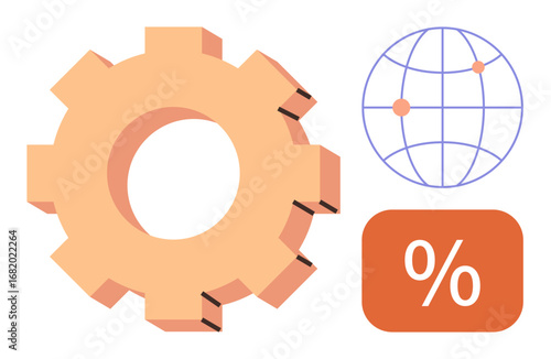 Gear and global network highlight systems and connectivity, while the percentage icon signifies analytics, metrics, and data evaluation. Ideal for business, efficiency, productivity, global reach