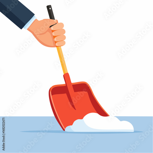 Hand Using Red Shovel Removing Snow
