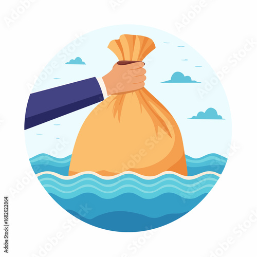 Business Hand Lifting Burden Bag In Ocean Waves Illustration