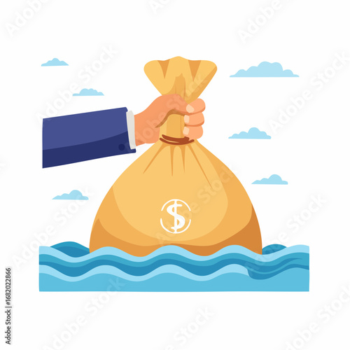 Business Hand Holding Money Bag In Water